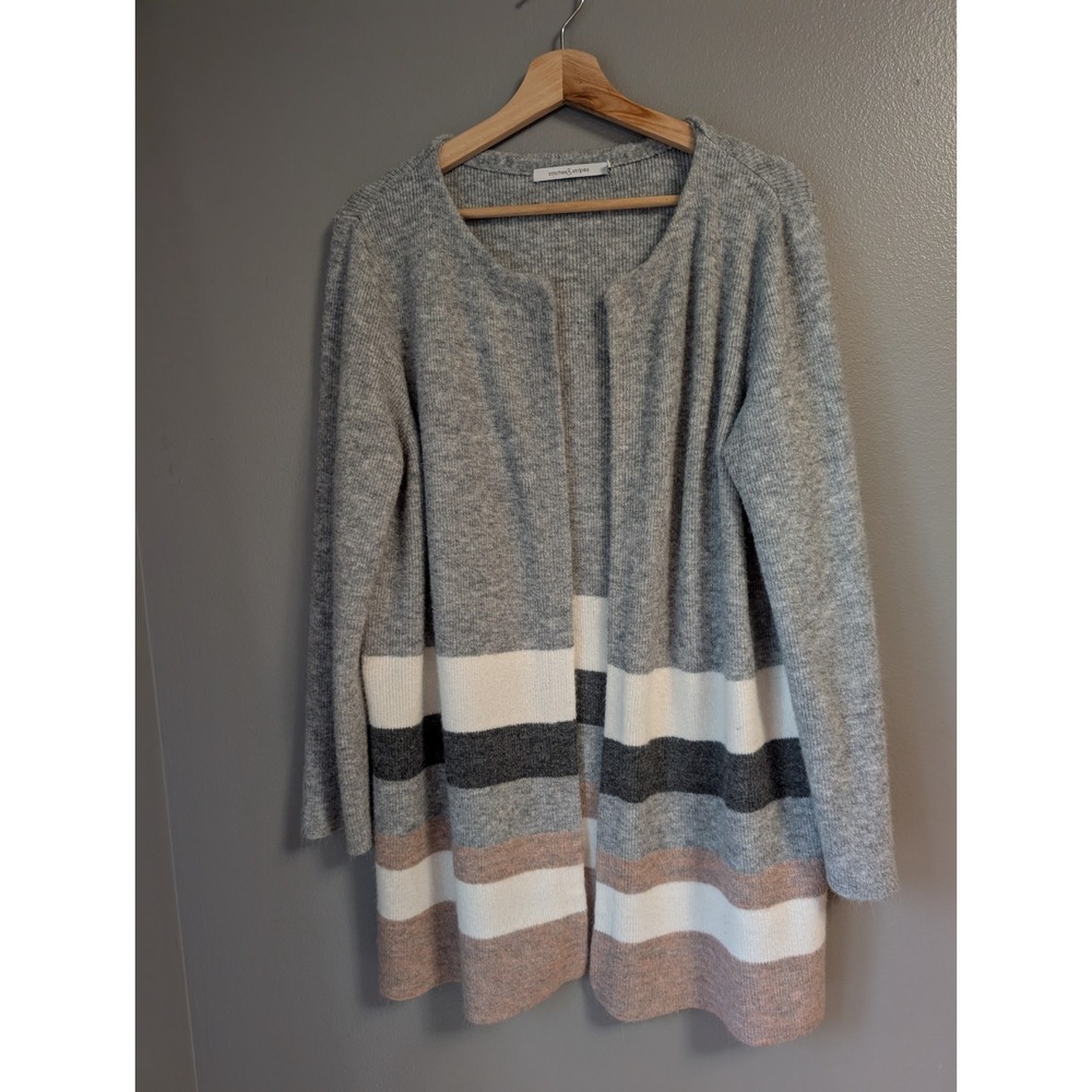 Stitches & Stripes Elaine Open Cardigan Size XL Grey Cream Pink Long Sweater